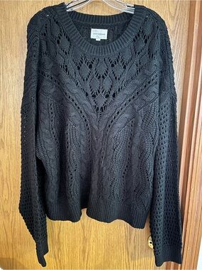 Lucky Brand Black Open-Knit Cable Crewneck Sweater